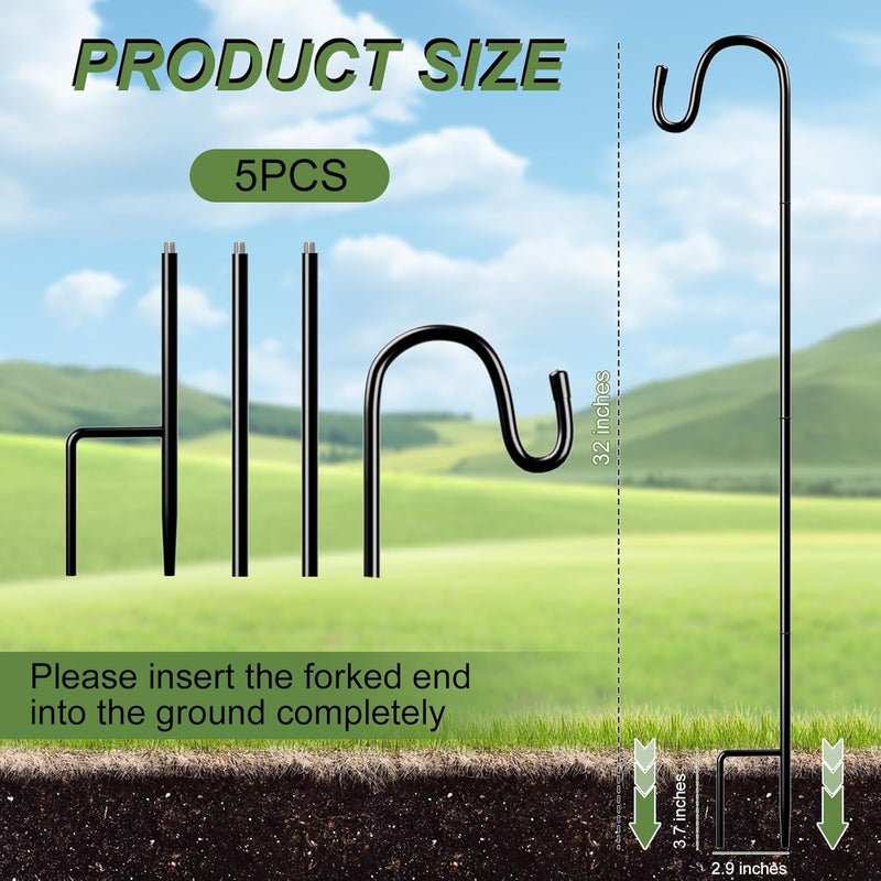 PLUVAVA 5 Pieces 32 Inch Shepherds Hooks for Outdoor Adjustable Shepherds Hook Metal Garden Bird Feeder Pole Black Plant Hangers Stakes for Plant Baskets Solar Lanterns Bird Feeders Weddings Décor (5 PCS) - Image 2